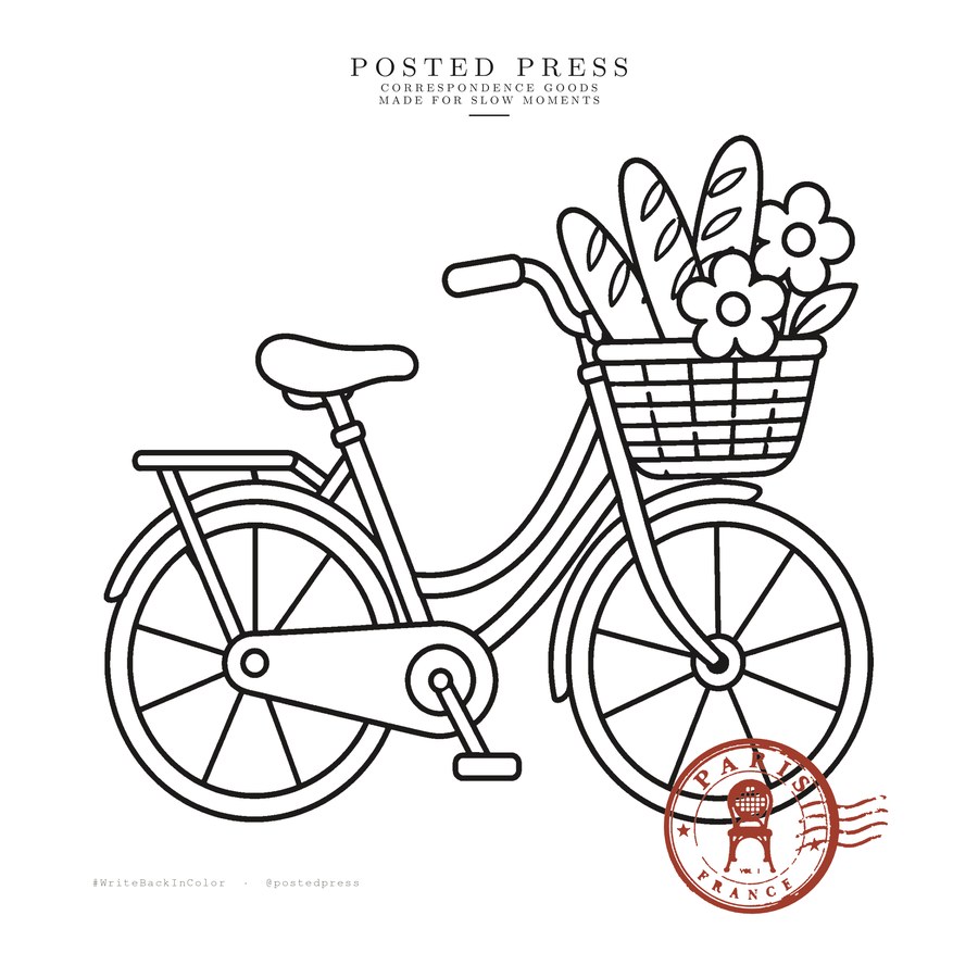 Paris, No. 03 — a bicycle coloring page with the Paris seal