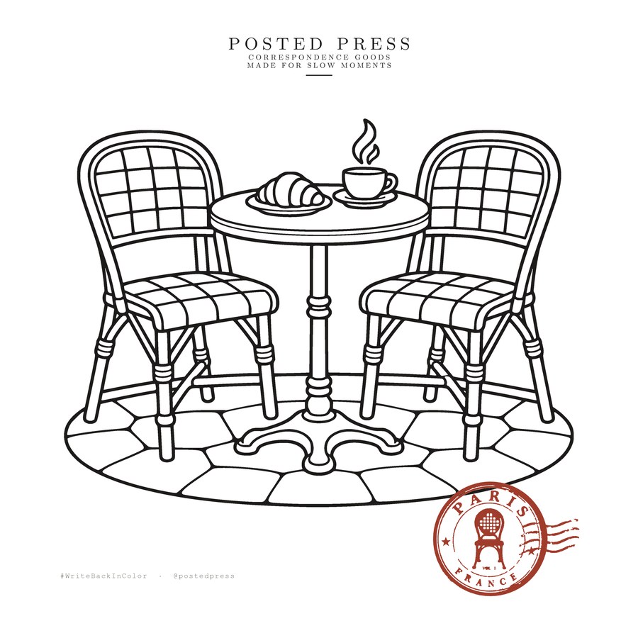 Paris, No. 06 — two woven café chairs and a bistro table with coffee and a croissant, coloring page with the Paris seal