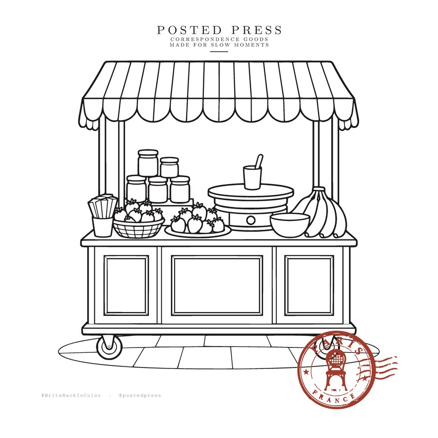 Paris, No. 07 — a crêpe stand under a striped awning with jam jars, strawberries, bananas and a griddle, coloring page with the Paris seal