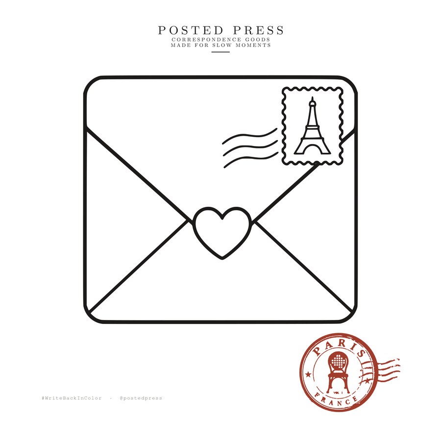 Paris, No. 01 — an envelope coloring page with the Paris seal