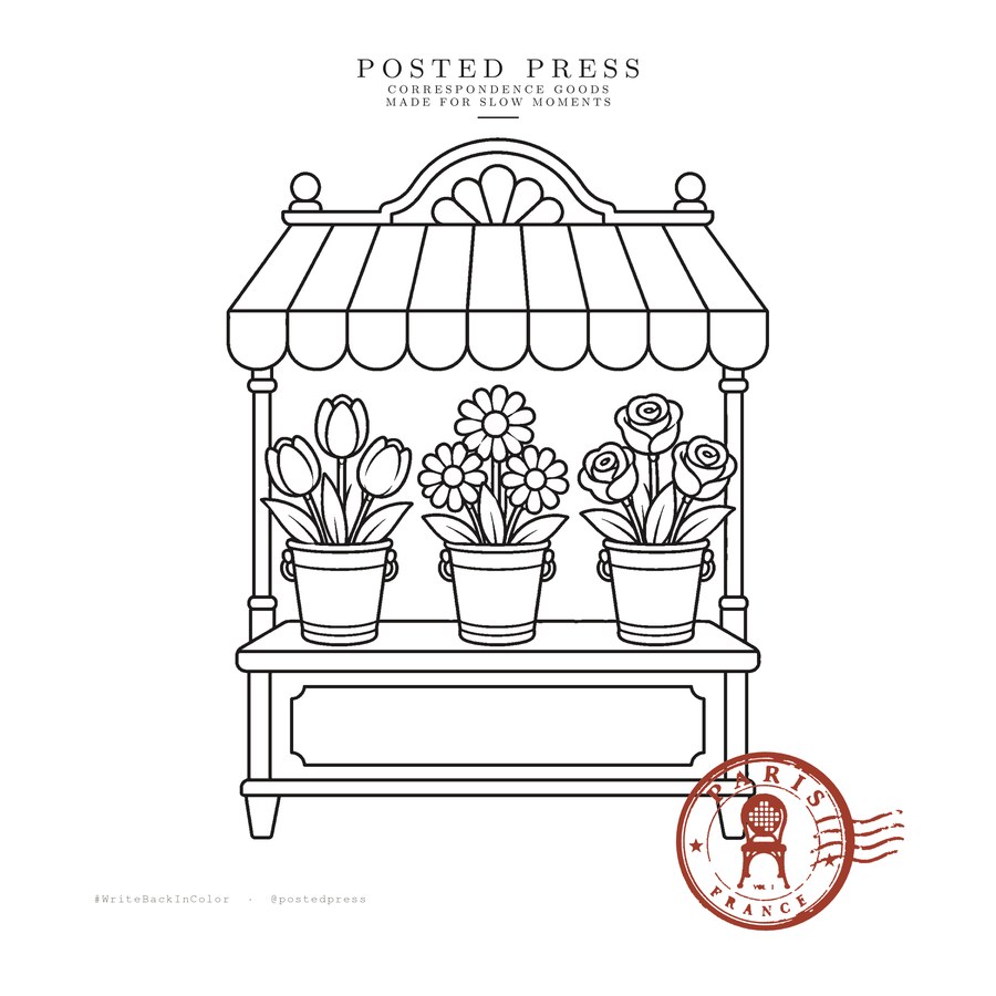 Paris, No. 05 — a flower shop stall coloring page with tulips, daisies and roses under a striped awning, with the Paris seal