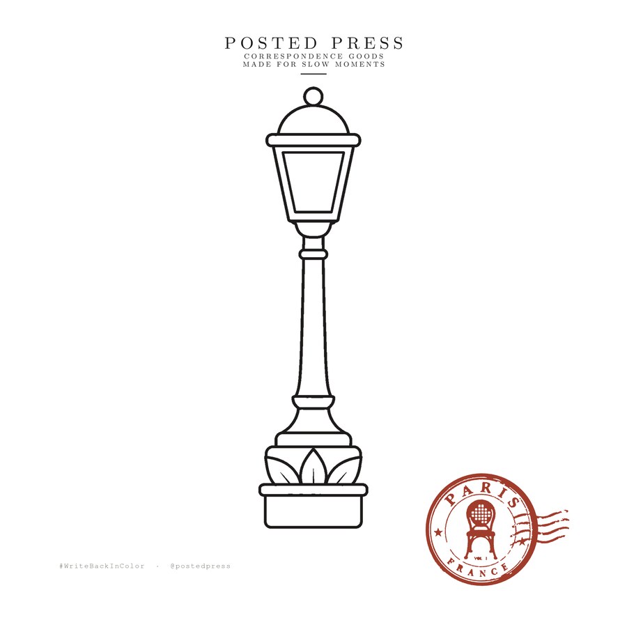 Paris, No. 02 — a lamppost coloring page with the Paris seal