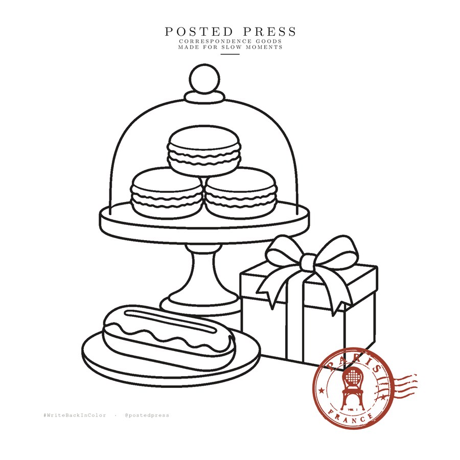Paris, No. 04 — a coloring page of macarons under a glass cloche with an éclair and a gift box, with the Paris seal