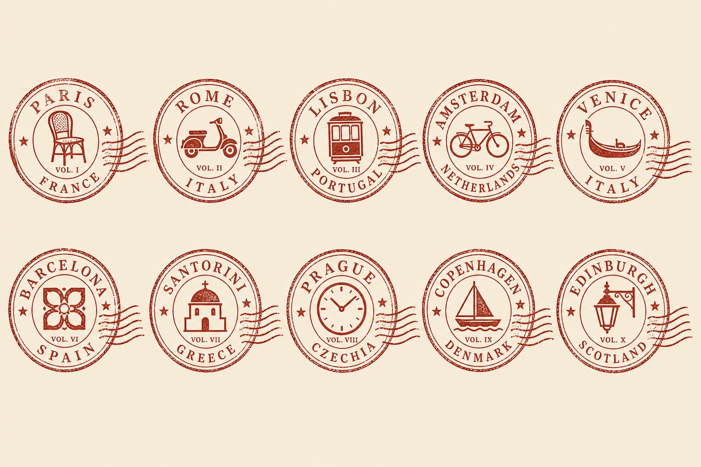 Ten circular red cancellation seals: a Paris chair, Rome Vespa, Lisbon tram, Amsterdam bicycle, Venice gondola, Barcelona tile, Santorini church, Prague clock, Copenhagen sailboat and Edinburgh lantern.