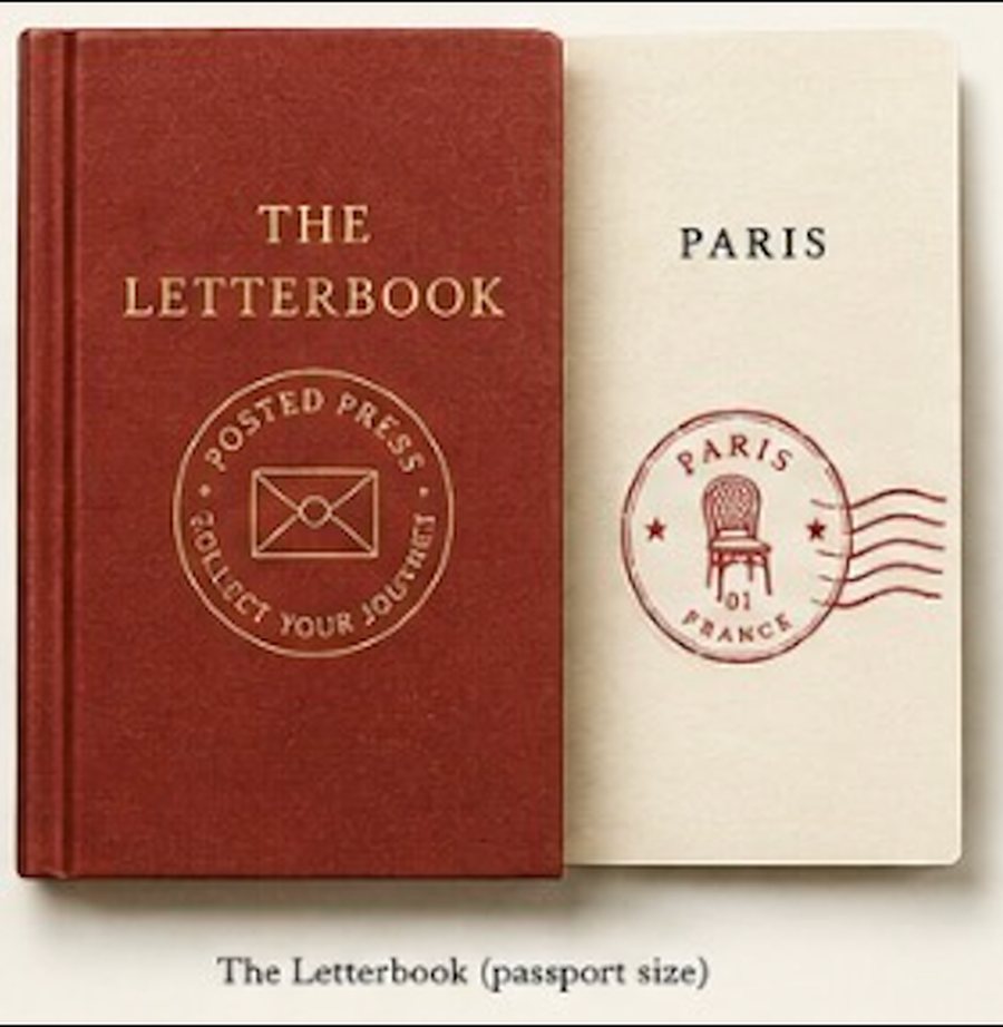The Letterbook, a passport-sized oxblood clothbound book, open beside a page stamped with the Paris seal.