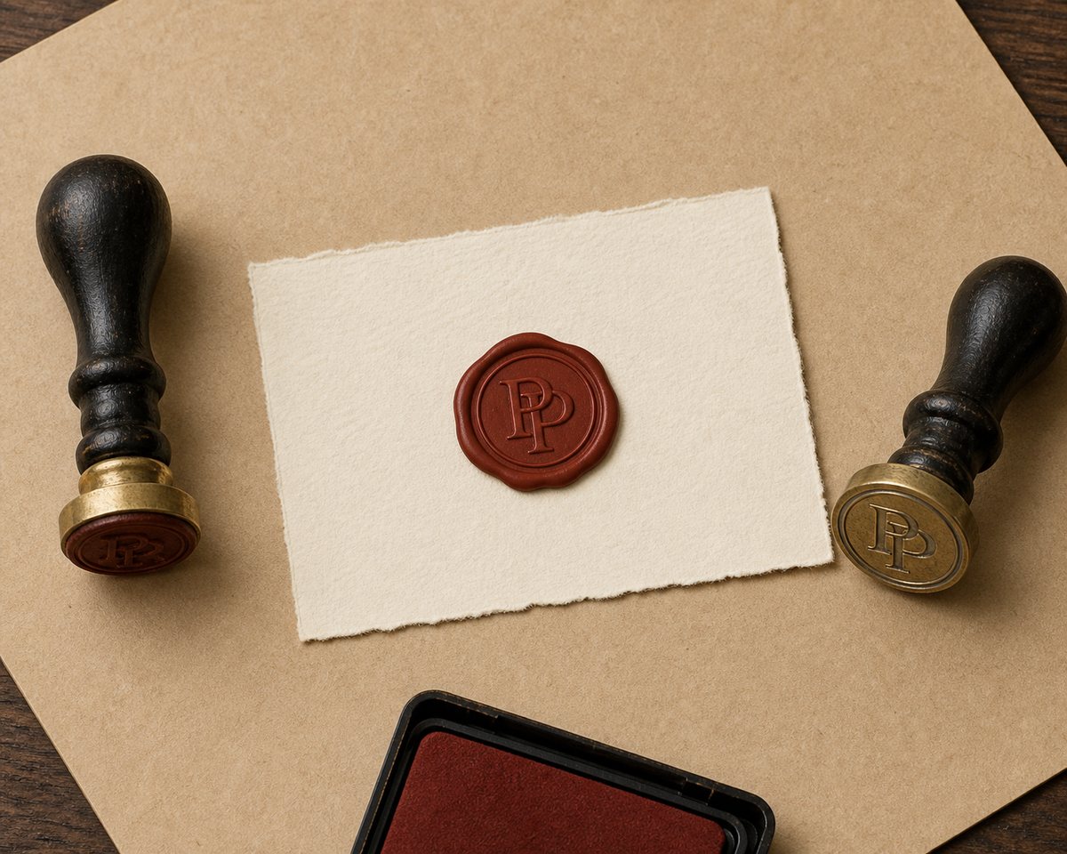 A brass wax seal stamp, a wooden rubber stamp and an oxblood wax seal pressed into a sheet of handmade paper.